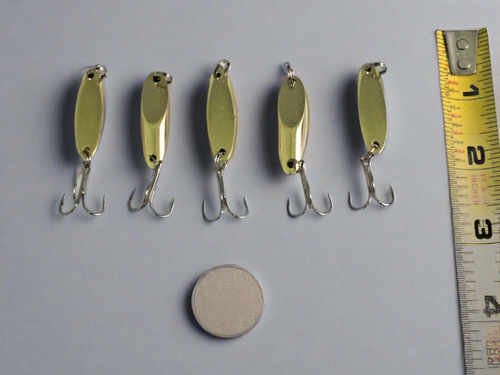 5 New, Kastmaster Style Gold Spoon,  1/4 ounce great for Trout,& Bass