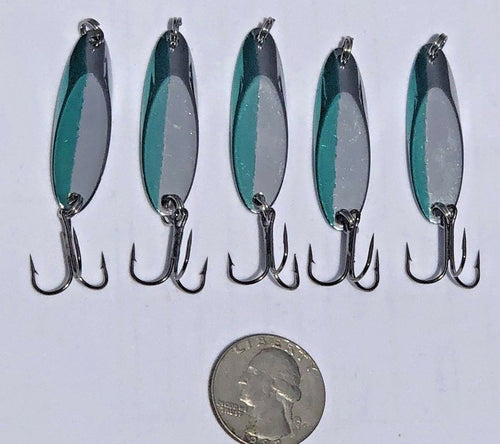 5 New, Kastmaster Style Green & Silver Spoon,  1/4 ounce great for Trout,& Bass