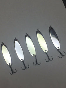 5 New, Kastmaster Style Silver Spoon,  3/4 ounce great for Trout,& Bass