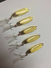 Load image into Gallery viewer, Hightower Tackles New Kastmaster style  Gold Rooster tail spoons 5 lures. 3/8 oz