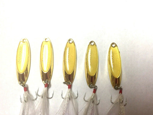 Hightower Tackles New Kastmaster style  Gold Rooster tail spoons 5 lures. 3/8 oz