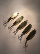 Load image into Gallery viewer, 5 New, Kastmaster Style Gold Spoon,  5/8 ounce great for Trout,&amp; Bass