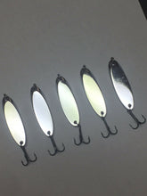 Load image into Gallery viewer, 5 New, Kastmaster Style Silver Spoon,  1/8 ounce great for Trout,&amp; Bass