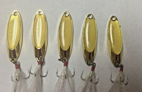 Hightower Tackles  Kastmaster style  Gold Rooster tail spoons 10 lures. 3/8 oz