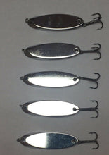 Load image into Gallery viewer, 5 New, Kastmaster Style Silver Spoon,  1/8 ounce great for Trout,&amp; Bass